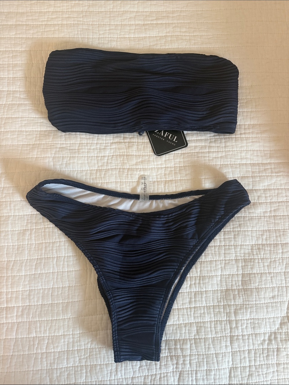 Zaful Dark Navy Textured Bandeau Bikini Set